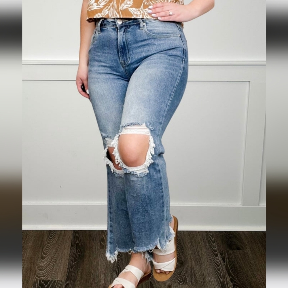 Risen High Rise Distressed Knee Medium Wash Jeans RDP5002